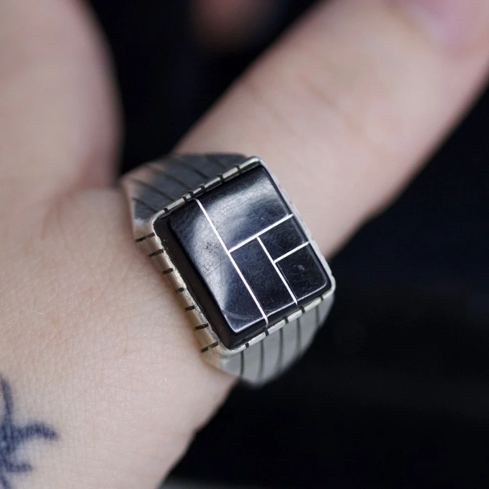 Sterling Silver Black Inlay Geometric Signet Ring Size 13 Modernist Design